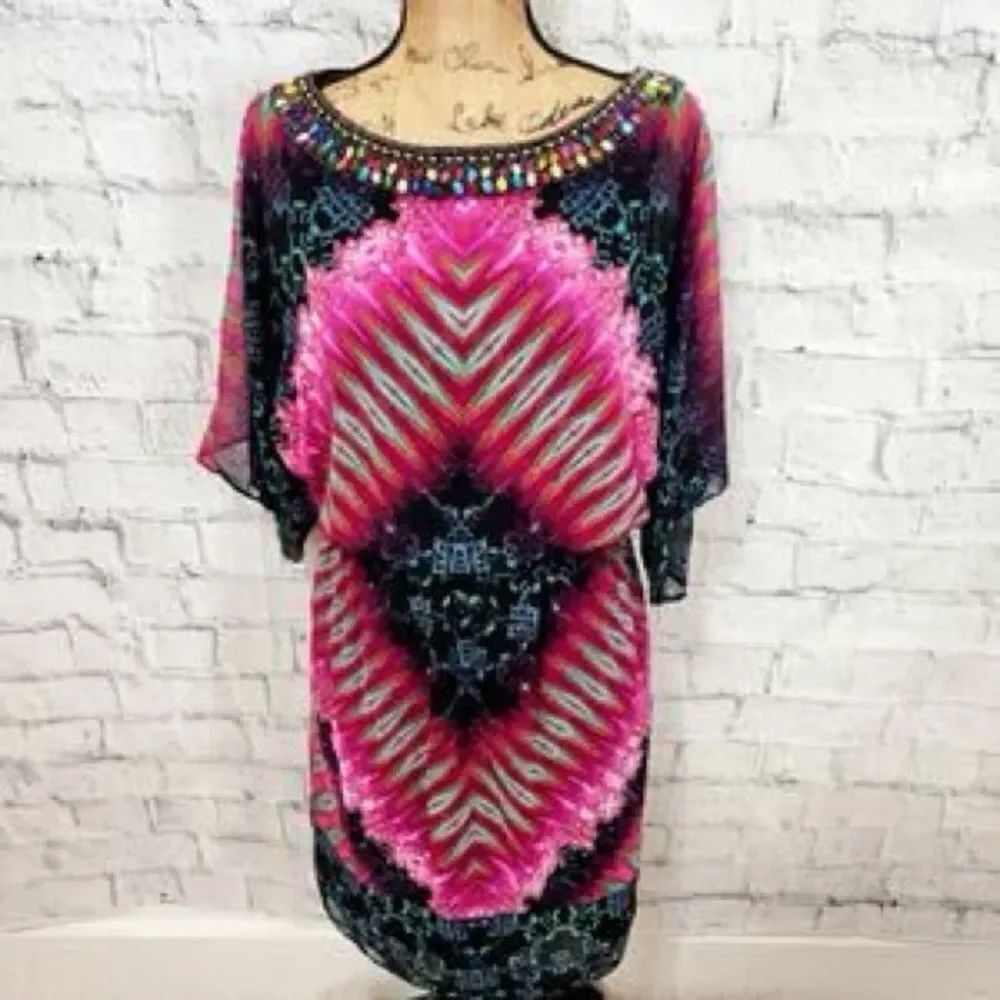 New Vintage London Times boho Embellished Dress Geometric Tie Dye Design